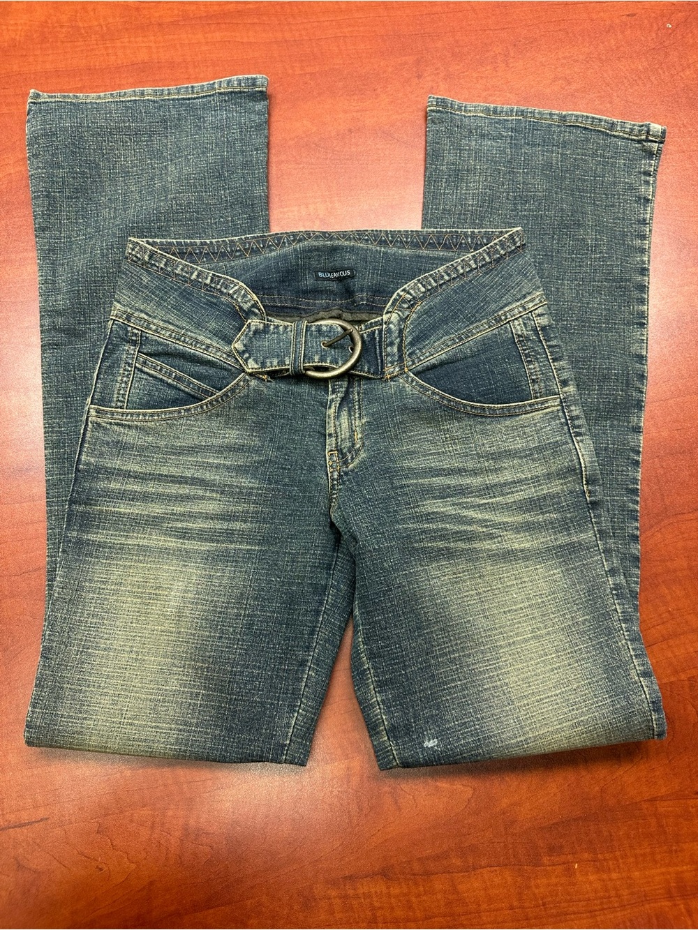 Women’s Boot-Cut Jeans with Decorative Belt — Blue